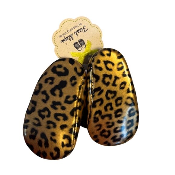 First Steps Gold Leopard Baby Girl Mary Jane Shoes Black Velvet Bows (0-3mo) - Picture 6 of 9